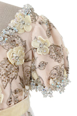 Spring 1967 George Halley Couture Pale Pink Dress w Rhinestones, Hand Emroidery & Flower Detailing