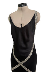 Outstanding Fall 2004 Alexander McQueen Bias Cut Black Silk Dress w Bare Back & Silver Thread Ribbon Detailing