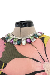 Stunning Fall 2020 Richard Quinn Runway Tropical Floral Print Dress w Jeweled Cuffs & Collar