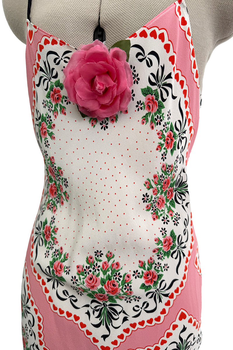 Prettiest Spring 2021 Rodarte Runway Look 20 Bias Cut Silk Pink Print Flower & Hearts Dress w Removable Flower