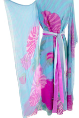 Dreamy c. 1969 Hanae Mori Couture Printed Silk Chiffon Jumpsuit w Floor Length Angel Sleeves