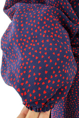 Sweetest Recent Christian Dior Deep Blue Silk Dress w Scattered Red Heart Print & Balloon Sleeves