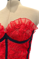 Amazing Spring 1992 Yves Saint Laurent Runway Red Lace Strapless Dress w Grosgrain Detailing