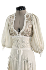 Rare 1969-75 Thea Porter Couture Embroidered Silk Organza & Gold Metallic Dress w Balloon Sleeves
