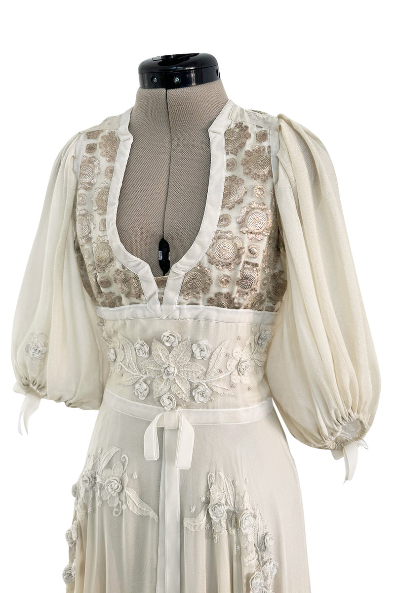 Rare 1969-75 Thea Porter Couture Embroidered Silk Organza & Gold Metallic Dress w Balloon Sleeves