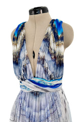Resort 2010 Alexander McQueen Silk Chiffon Blue Print Dress w Plunging Front & Open Back