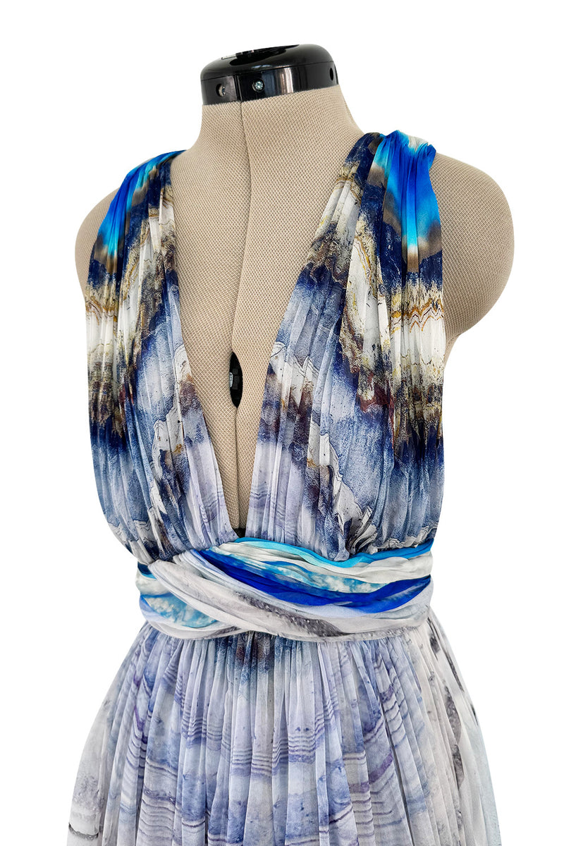 Resort 2010 Alexander McQueen Silk Chiffon Blue Print Dress w Plunging Front & Open Back
