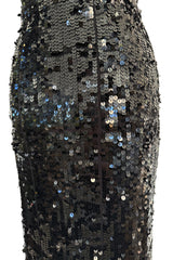 Fantastic 1980s Bob Mackie Strapless Glossy Black Sequin Stretch Dress w Back Kick Skirt