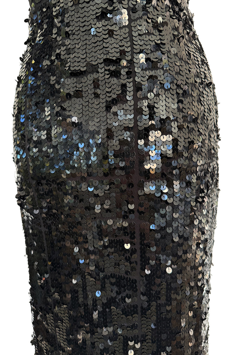 Fantastic 1980s Bob Mackie Strapless Glossy Black Sequin Stretch Dress w Back Kick Skirt