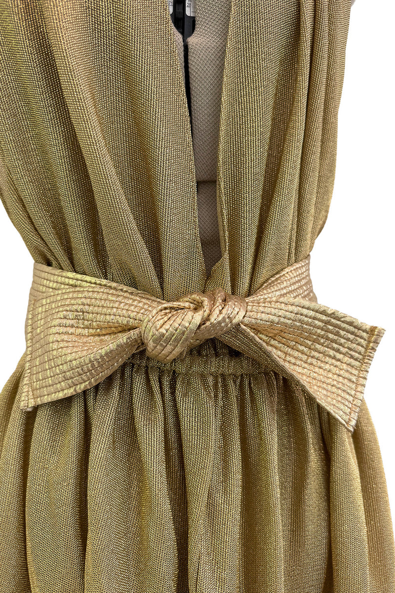 Fantastic Fall 1980 Bill Tice Metallic Gold Halter Front Backless Dress w Top Stiched Tie Belt & Front Slit