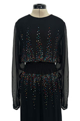 Spectacular 1970s Givenchy by Hubert de Givenchy Black Chiffon Dress w Colored Rhinestones