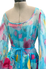 Prettiest 1970s Richilene Pastel Turquoise & Pink Floral Print Silk & Silk Chiffon Dress w Balloon Sleeves