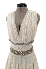 Gorgeous 2010s Lanvin Blanche by Alber Elbaz Dotted Net Plunge Dress w Rhinestone Details