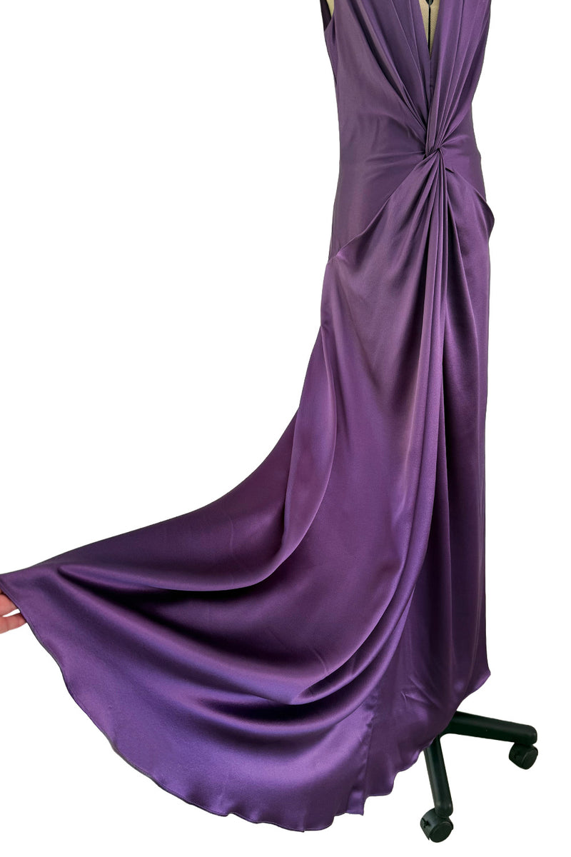 Minimalist Spring 2008 Alexander McQueen Purple Bias Cut Silk Dress w Front Plunge & Knot Detailing