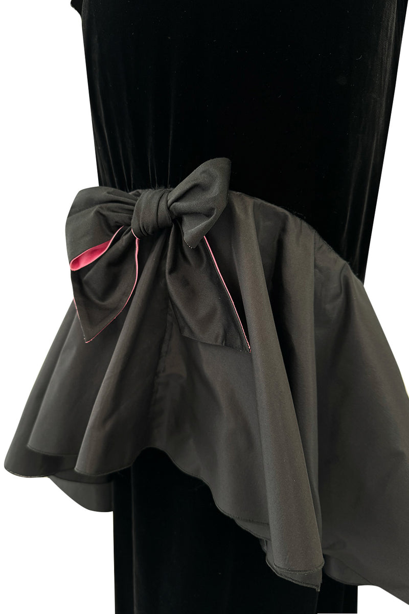 Exceptional Fall 2005 Original Valentino Runway Look 82 Black Velvet Dress w Bows, Silk Tiers & Pink Detailing