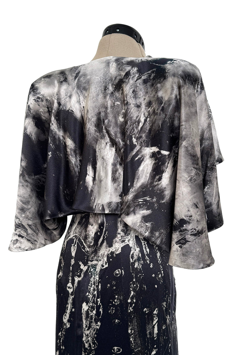 Outstanding Fall 2010 Alexander McQueen Gray Scale Print Silk Dress w Caped Sleeves & Trained Skirt
