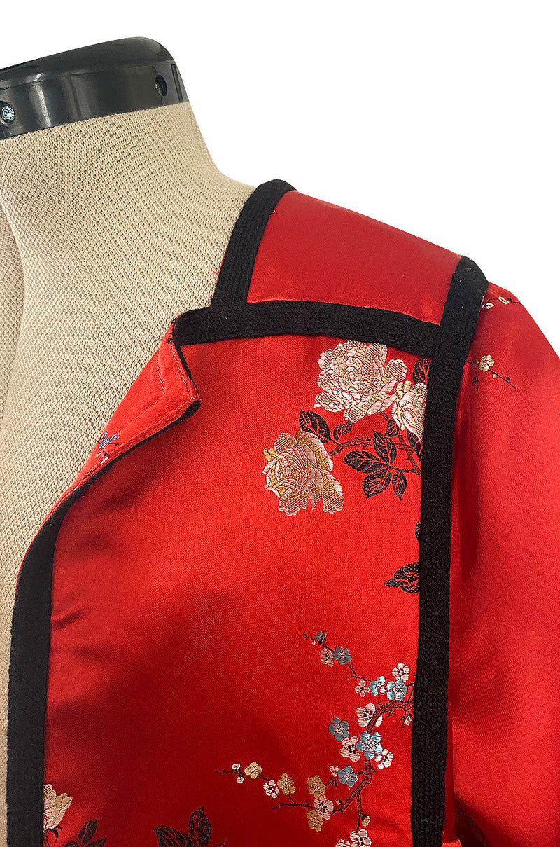 Fabulous 1970s Bill Gibb Red Woven Floral Print Silk Jacket w Matching High Slit Skirt