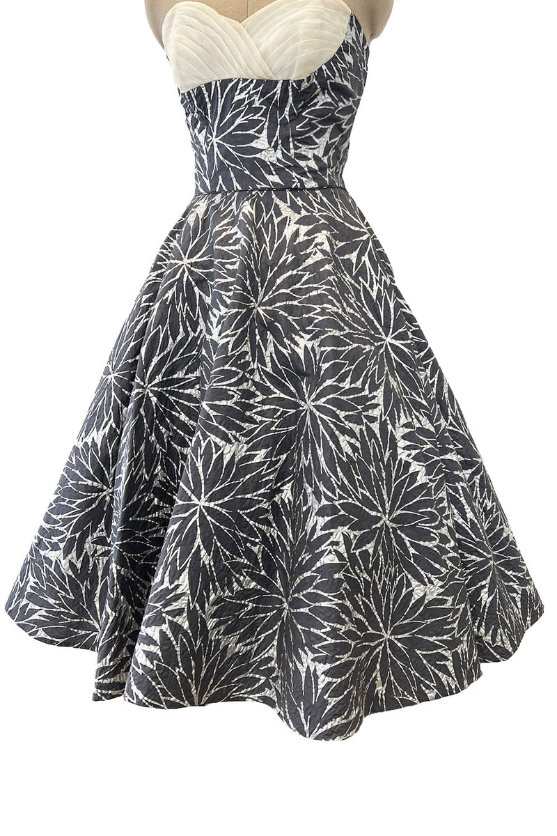 Amazing 1950s Fred Perlberg Hand Painted Silver & Gray Strapless Dress w Pleated Shelf Bust