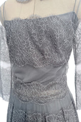 2018 Christian Dior by Maria Grazia Chiuri Silver Grey Net and Banded Lace Dress w Silk Slip
