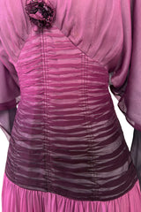 Rare 1970s Bill Gibb Deep Pink Ombre Hand Dyed Silk Chiffon Dress w Fused Glitter Detailing