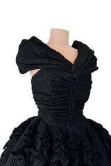 Exceptional Spring 1988 Christian Lacroix Demi-Couture Luxe Label Black Pouf Dress w Attached Shoulder Piece