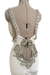 Iconic Spring 2006 Roberto Cavalli Front Plung & Open Back Heavily Detailed w Rhinestone Bias Cut Ivory Silk Dress