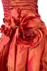 1989 Loris Azzaro Irridescent Coral Silk Taffeta Dress w Rosette Floral Detail