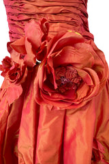 Romantic 1980s Loris Azzaro Irridescent Soft Coral Silk Taffeta Dress w Rosette Floral Detail