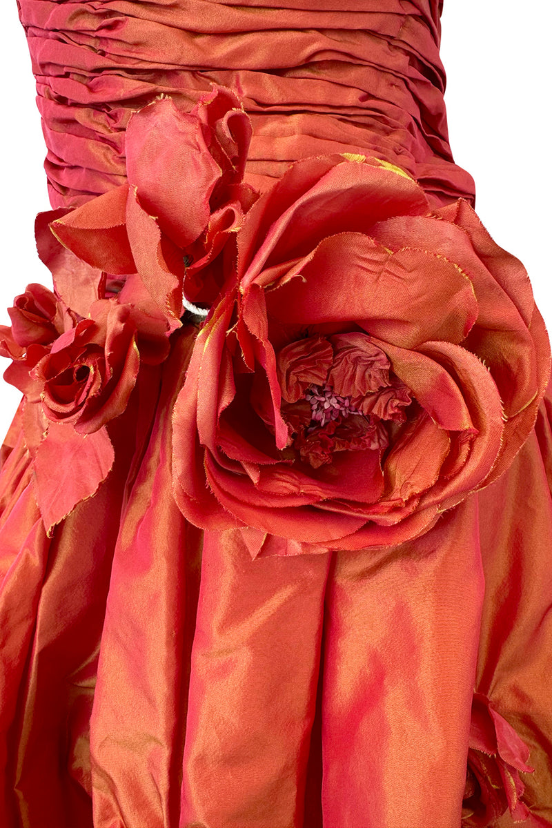 1989 Loris Azzaro Irridescent Coral Silk Taffeta Dress w Rosette Floral Detail