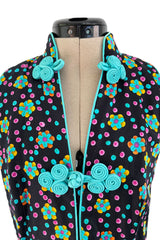 Prettiest Early 1970s Oscar de la Renta Floral Printed Halter Dress w Frog Knots & Open Back