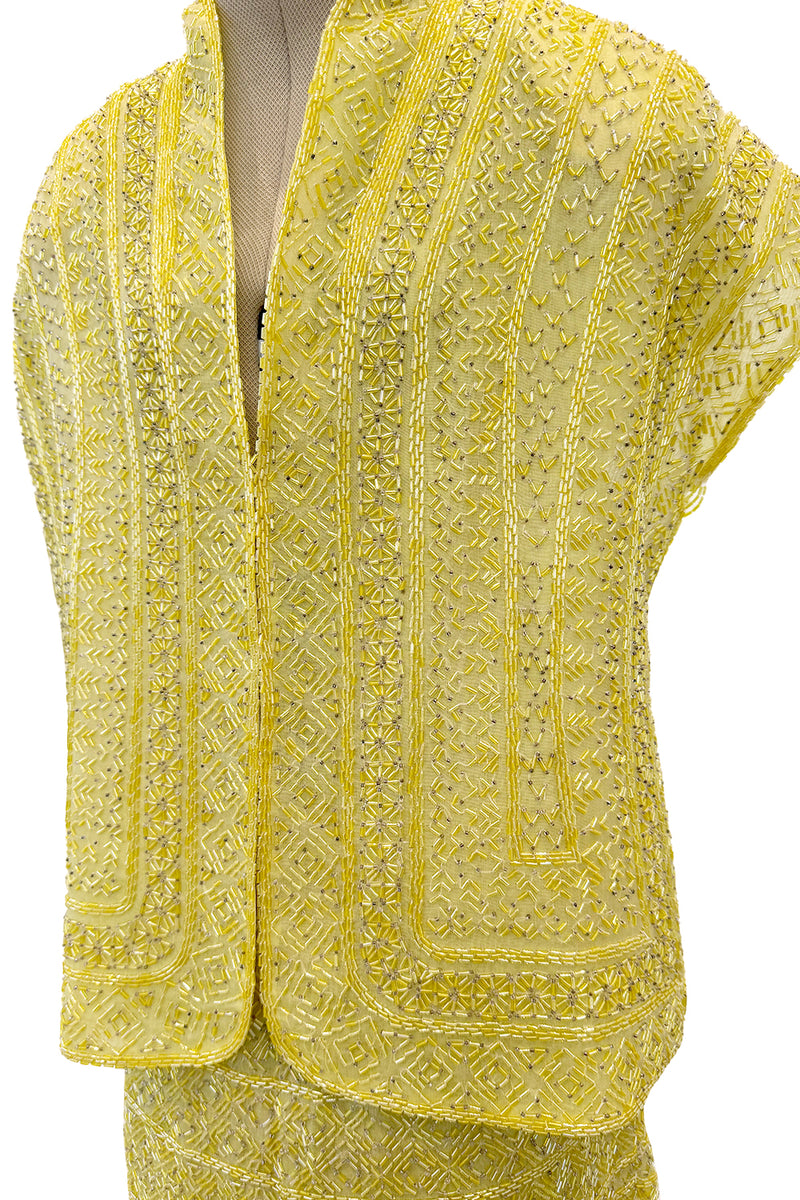 Incredible Late 1970s Halston Couture Hand Beaded Silk Skirt & Sleeveless Top Set in Yellow