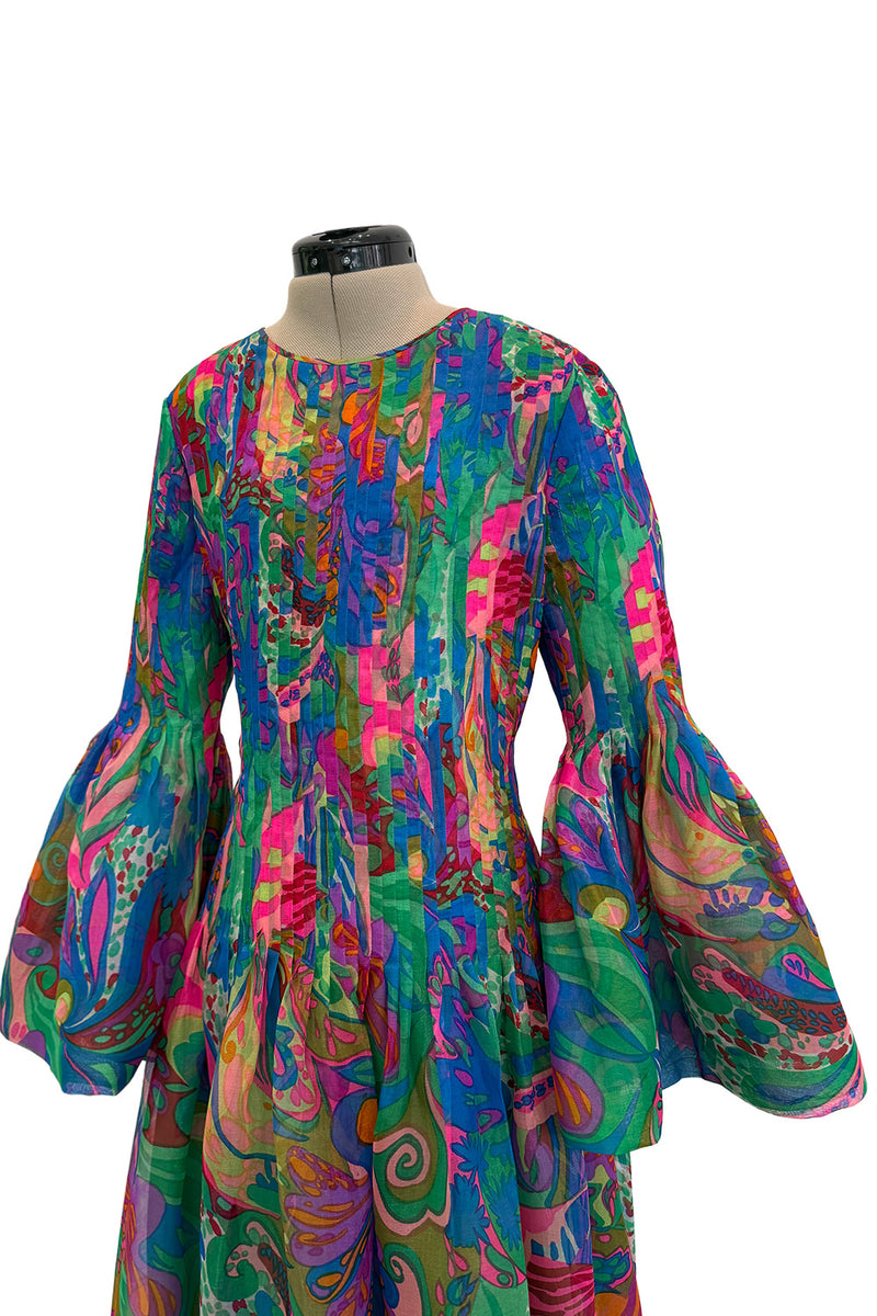 Important 1971 Pierre Cardin Couture Silk Organza Bell Sleeve Dress w Flat Pleated Bodice & Sleeves