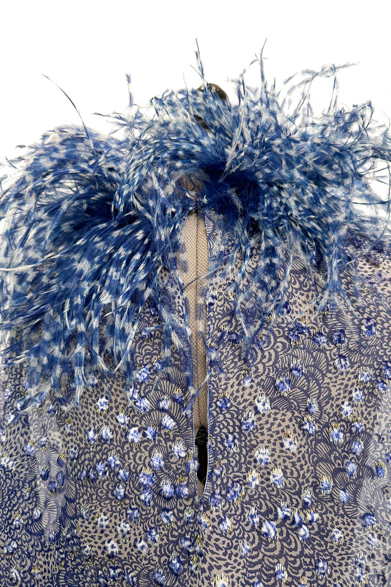 1970s Unlabeled Printed Silk Chiffon Dress w Gold & Silver Thread & Feather Collar & Cuffs
