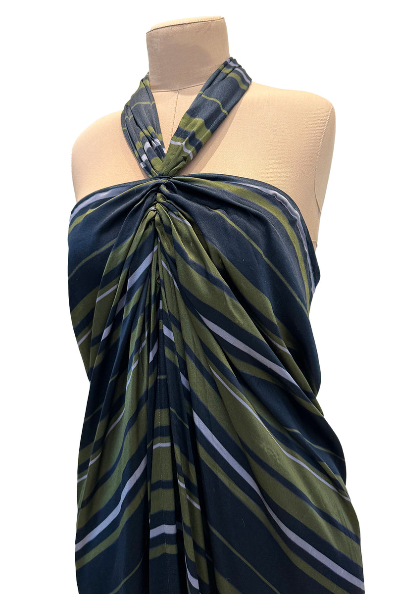 Gorgeous 2014 Lanvin by Alber Elbaz Deep Green & Navy Silk Striped Sarong Dress w Tie Halter