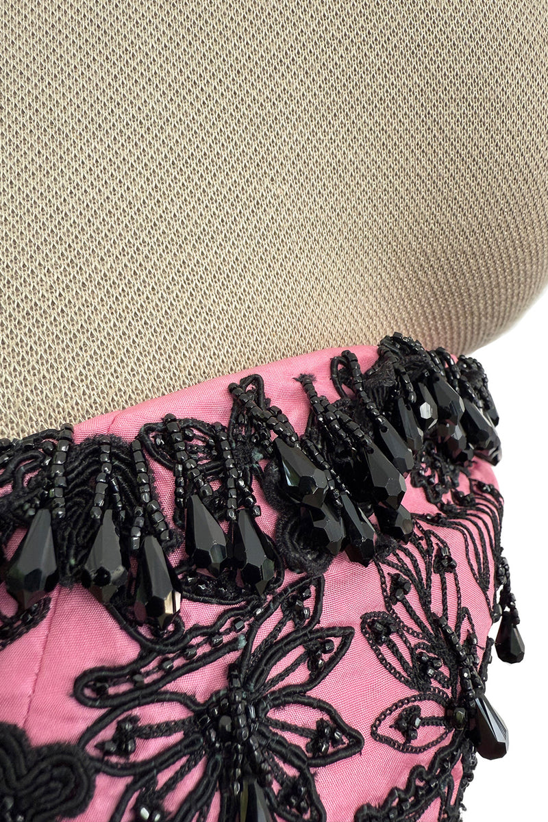 Exceptional Spring 2004 Oscar de la Renta Runway Look 39 Strapless Pink Silk w Black Embroidery & Beads