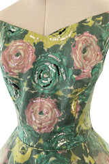 Gorgeous 1950s David Hart Organza Covered Cotton Floral Print Dress w Sequin Detailing