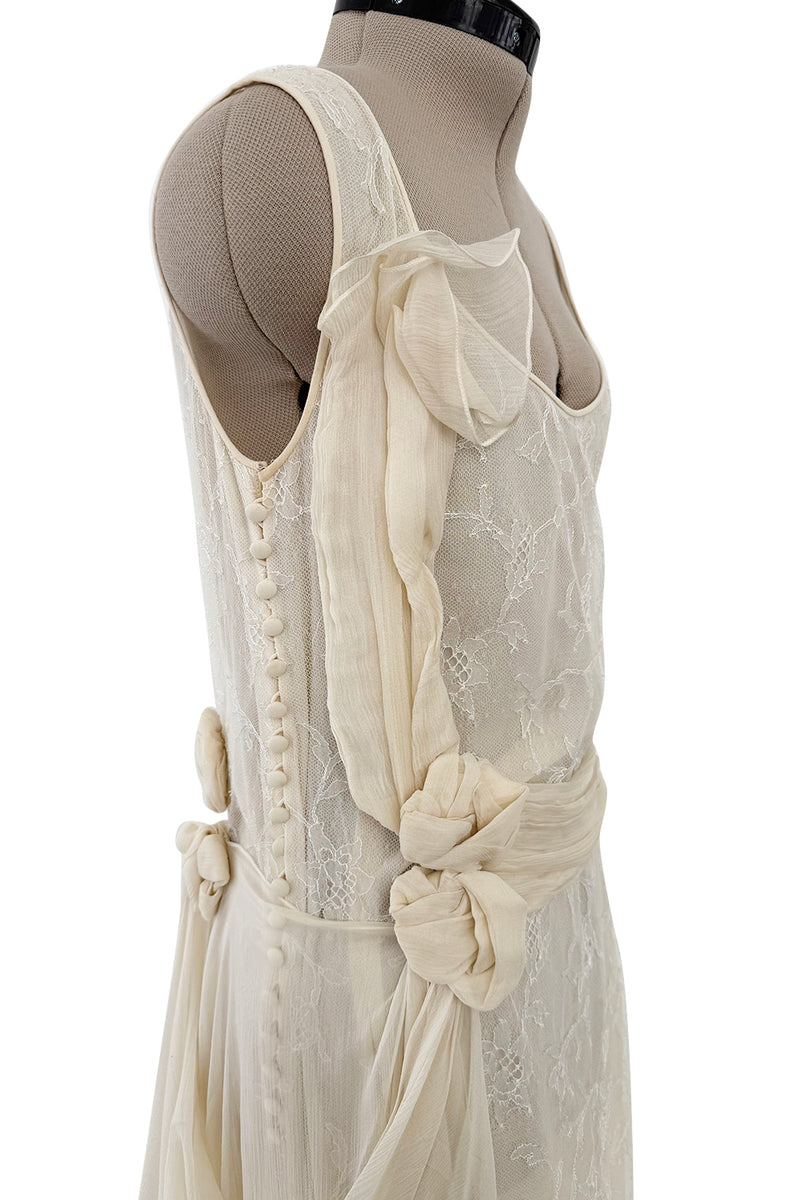 Fall 2007 John Galliano Ivory Silk Chiffon & Lace Dress w Silk Rosettes