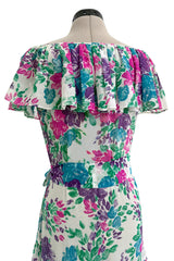 Prettiest Spring 1980 Yves Saint Laurent Floral Cotton Gauze Wide Shoulder Dress w Matching Tie Belt
