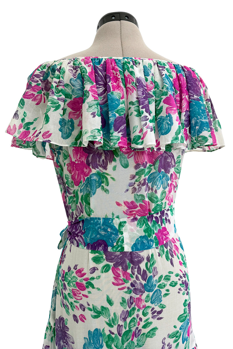 Prettiest Spring 1980 Yves Saint Laurent Floral Cotton Gauze Wide Shoulder Dress w Matching Tie Belt