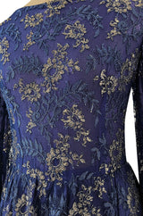 1970s Lanvin by Jules-Francois Crahay Demi-Couture Metallic Gold Detailing Blue Dress