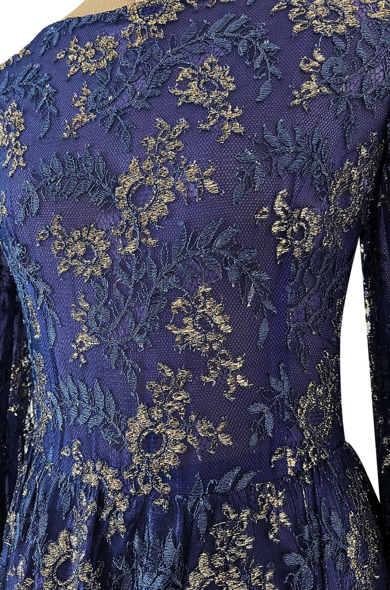 1970s Lanvin by Jules-Francois Crahay Demi-Couture Metallic Gold Detailing Blue Dress