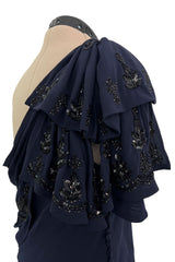 Spring 2008 Christian Dior by John Galliano Deep Blue Silk Chiffon One Shoulder Dress w Beading