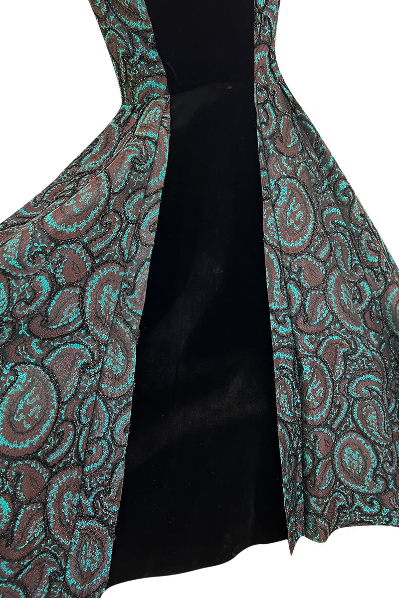Spectacular 1940s Lilli Ann Teal & Brown Brodace & Velvet Dress w Looped Lame Detailing
