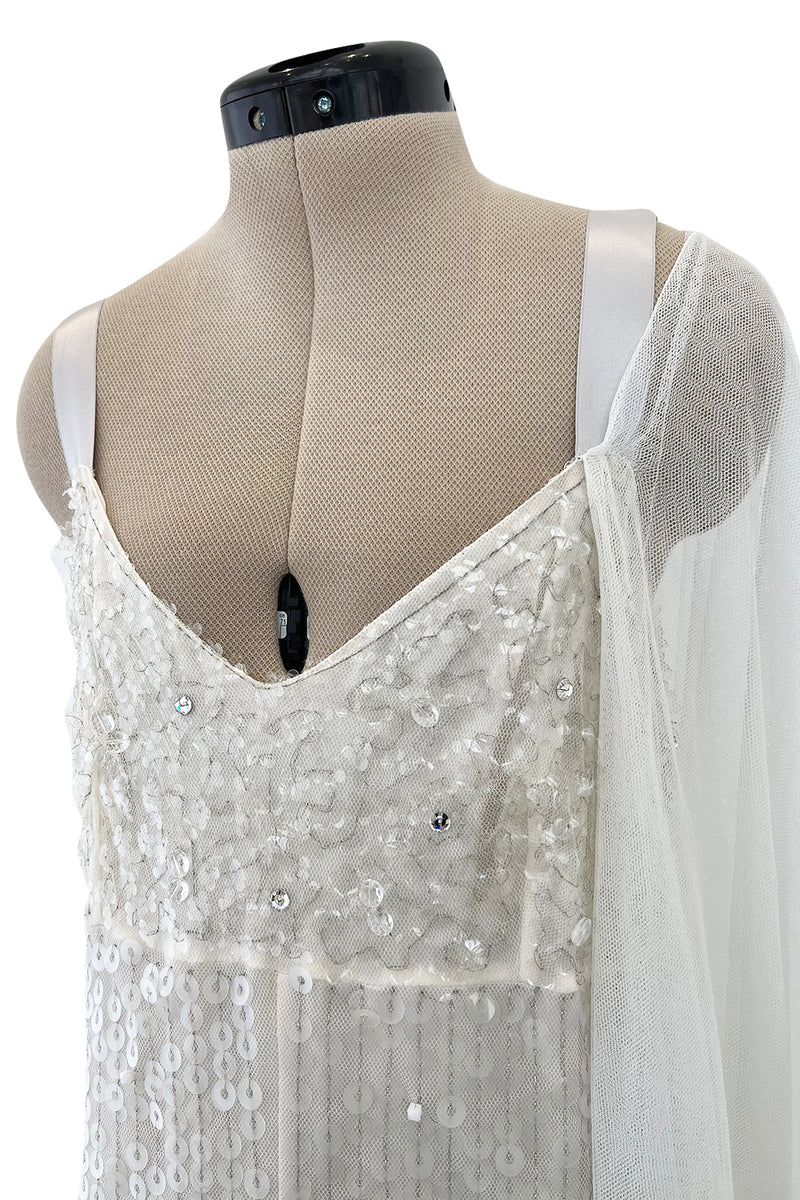 Stunning 2005 Chanel by Karl Lagerfeld White Sequin Detailed & Silk Tulle Dress w Ribbon Detail