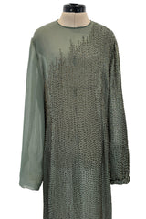 Prettiest Fall 1981 John Anthony Couture Moss Green Silk Chiffon Dress w Hand Beaded Detailing