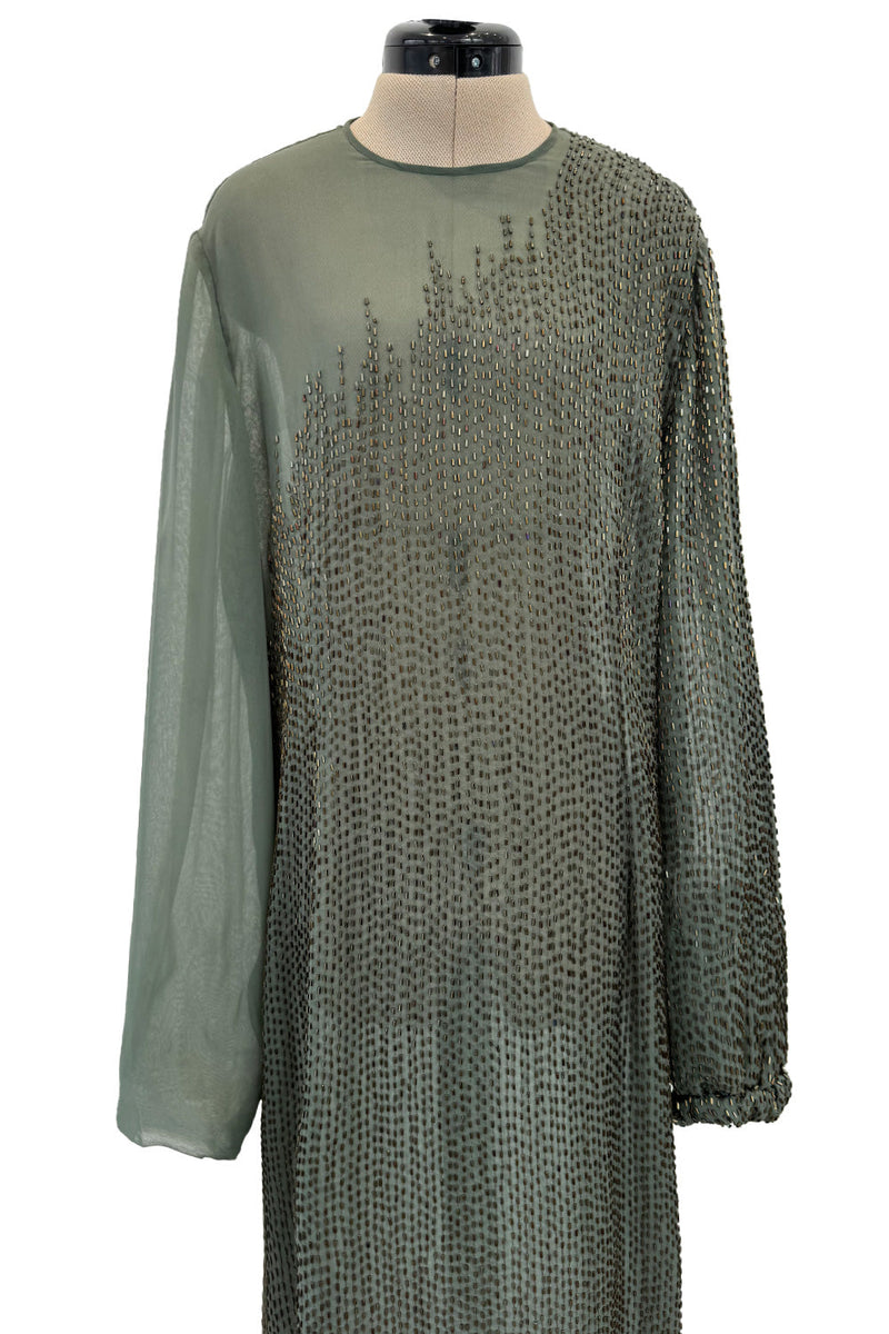 Prettiest Fall 1981 John Anthony Couture Moss Green Silk Chiffon Dress w Hand Beaded Detailing