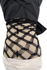 Fantastic Spring 2001 Jean Paul Gaultier Runway Multi Length Mesh Band Dress w Jersey Face Print Skirt