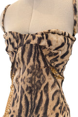 Sexiest 2003 Roberto Cavalli Laced Back Corset Leopard Print Silk Chiffon Dress w Stitched Panels