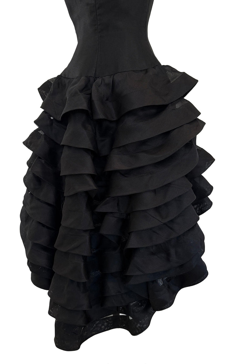 Gorgeous Spring 1992 Oscar de la Renta Runway Black Silk Organza Net Ruffled Off Shoulder Dress