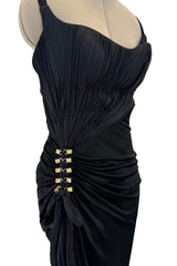 Outstanding Spring 2006 Roberto Cavalli Black Silky Jersey Corset Bodice Dress w Gold Hardware Detailing